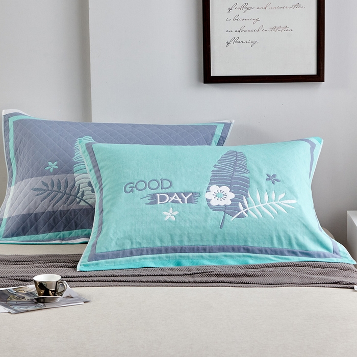 91家纺网 家纺一手货源 找家纺 朴尔-2023新款彩色糖果系列纯棉三层纱布枕巾-朴尔 美好的一天绿