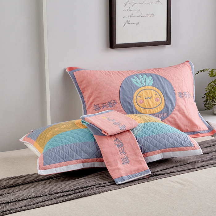 91家纺网 家纺一手货源 找家纺 朴尔-2023新款彩色糖果系列纯棉三层纱布枕巾-朴尔 开心菠萝粉