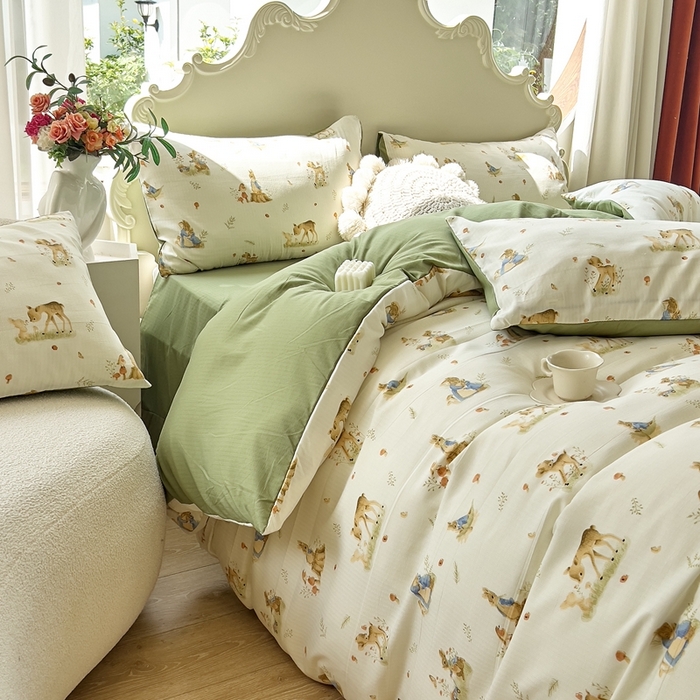 91家纺网 家纺一手货源 找家纺 梦莱斯 2023新款小竺棉印花四件套 比菲兔