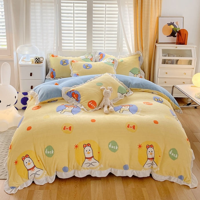 91家纺网 家纺一手货源 找家纺 宜家坊 2023新款直播韩版印花花边款牛奶绒四件套 加油鸭