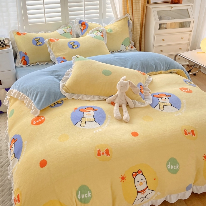 91家纺网 家纺一手货源 找家纺 宜家坊 2023新款直播韩版印花花边款牛奶绒四件套 加油鸭