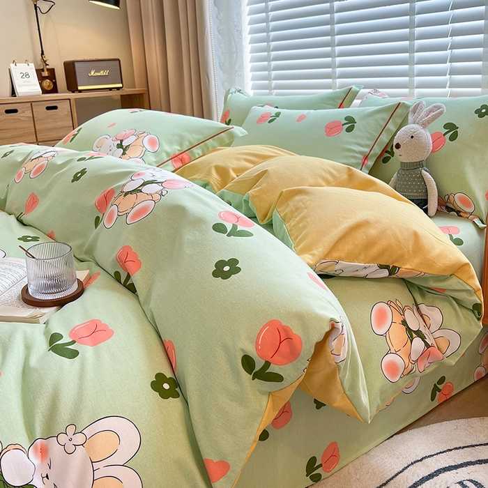 91家纺网 家纺一手货源 找家纺 芃成家纺 2023新品磨毛被套 花花兔-绿