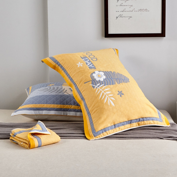 91家纺网 家纺一手货源 找家纺 朴尔-2023新款彩色糖果系列纯棉三层纱布枕巾-朴尔 美好的一天黄色