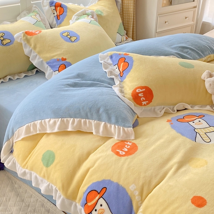 91家纺网 家纺一手货源 找家纺 宜家坊 2023新款直播韩版印花花边款牛奶绒四件套 加油鸭