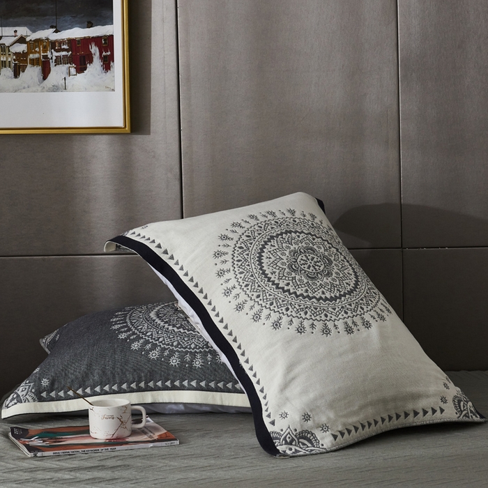 91家纺网 家纺一手货源 找家纺 朴尔-2023新款波西米亚风全棉四层纱布枕巾 52*78 太阳神蓝