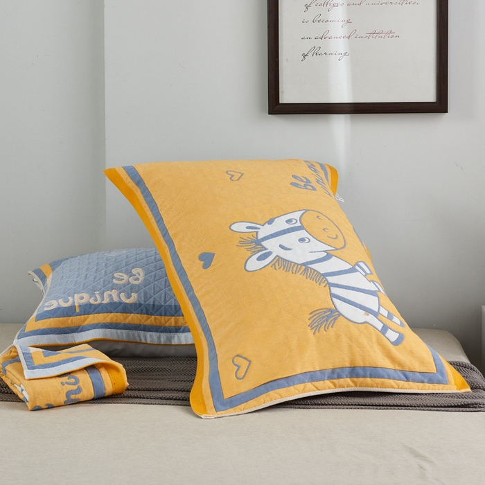 91家纺网 家纺一手货源 找家纺 朴尔-2023新款彩色糖果系列纯棉三层纱布枕巾-朴尔 奔跑的小马黄