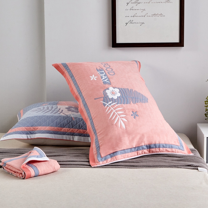 91家纺网 家纺一手货源 找家纺 朴尔-2023新款彩色糖果系列纯棉三层纱布枕巾-朴尔 美好的一天橘色