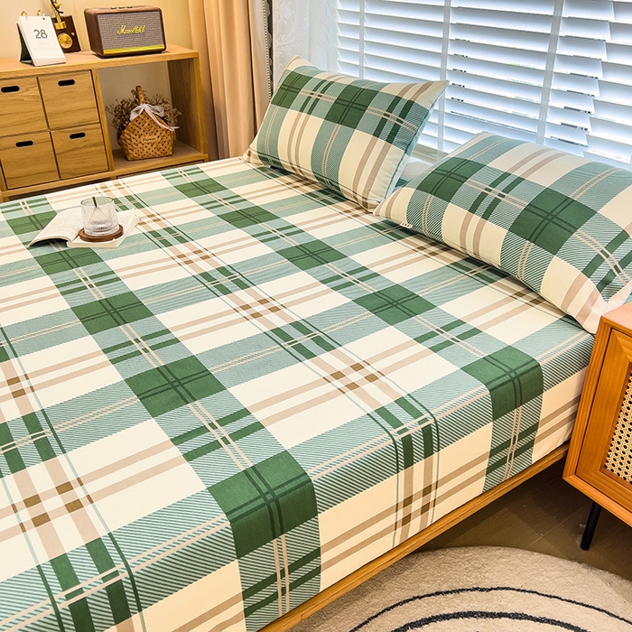 91家纺网 家纺一手货源 找家纺 芃成家纺 2023新款磨毛单床笠 简约格-绿