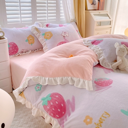 91家纺网 家纺一手货源 找家纺 （总）宜家坊 2023新款直播韩版印花花边款牛奶绒四件套