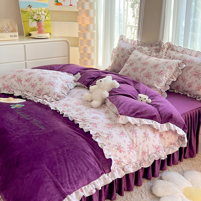 91家纺网 家纺一手货源 找家纺 绒兔兔 2023新款双层纱棉加牛奶绒四件套 绒-油画意境