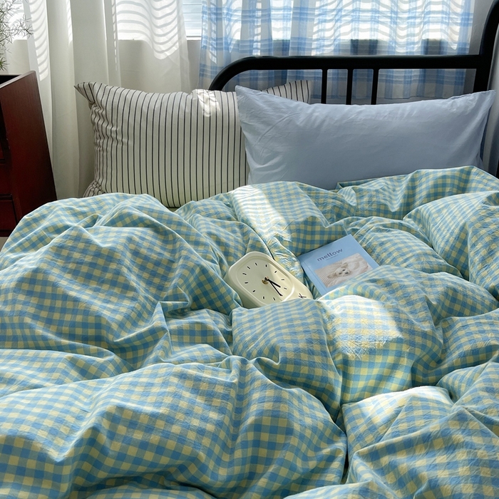 91家纺网 家纺一手货源 找家纺 六巷胡同 2023新款ins博主风洋气小格子篇四件套 芝士黄小格