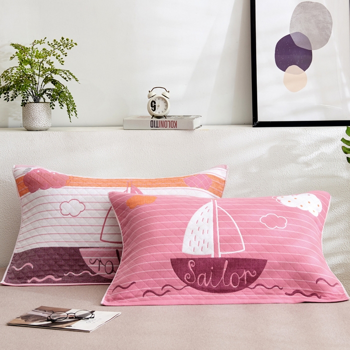 91家纺网 家纺一手货源 找家纺 朴尔 2023新款三层纱布定位枕巾 航行-粉