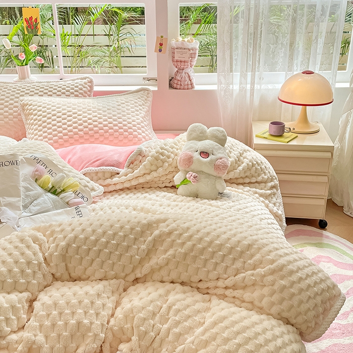 91家纺网 家纺一手货源 找家纺 梦之岛 2023包边AB面牛奶绒印染提花金龟绒加厚保暖四件套 金龟绒-奶昔白+浅粉