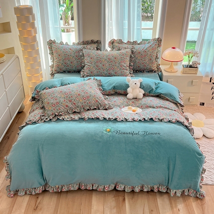 91家纺网 家纺一手货源 找家纺 绒兔兔 2023新款双层纱棉加牛奶绒四件套 绒-秘密花园