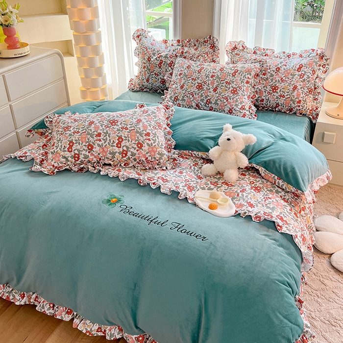 91家纺网 家纺一手货源 找家纺 绒兔兔 2023新款双层纱棉加牛奶绒四件套 绒-春日蜜糖