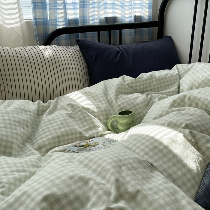 91家纺网 家纺一手货源 找家纺 六巷胡同 2023新款ins博主风洋气小格子篇四件套 薄荷绿小格