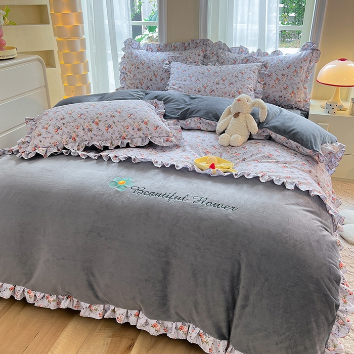 91家纺网 家纺一手货源 找家纺 绒兔兔 2023新款双层纱棉加牛奶绒四件套 绒-婉然