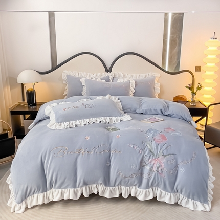 凯美家居 2023新款牛奶绒刺绣四件套 温婉 灰蓝