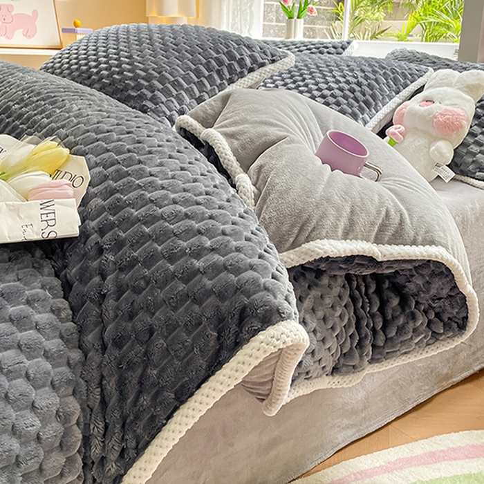 91家纺网 家纺一手货源 找家纺 梦之岛 2023包边AB面牛奶绒印染提花金龟绒加厚保暖四件套 金龟绒-深灰