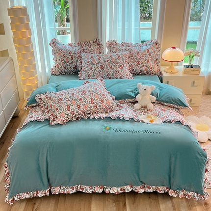 91家纺网 家纺一手货源 找家纺 绒兔兔 2023新款双层纱棉加牛奶绒四件套 绒-春日蜜糖