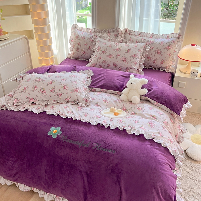 91家纺网 家纺一手货源 找家纺 绒兔兔 2023新款双层纱棉加牛奶绒四件套 绒-油画意境