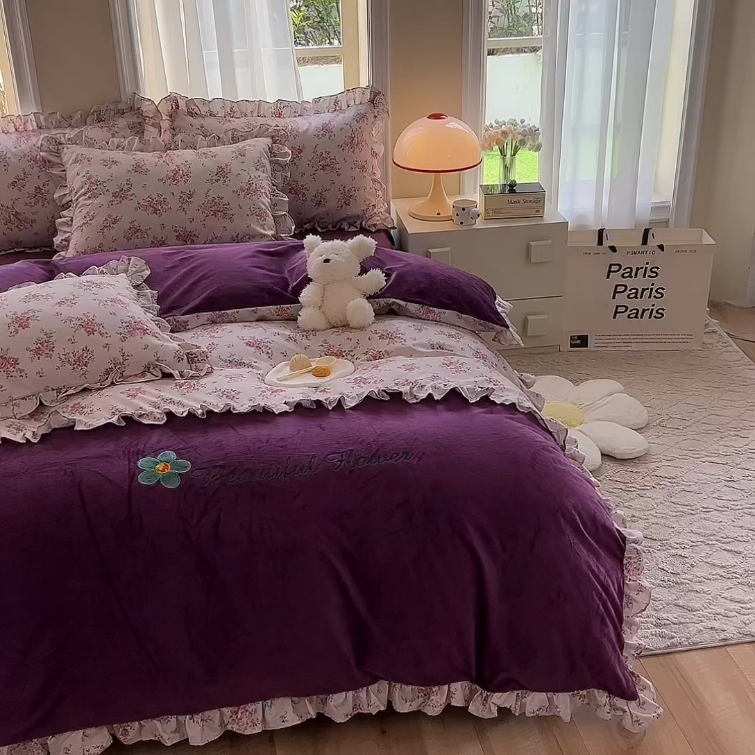 91家纺网 家纺一手货源 找家纺 绒兔兔 2023新款双层纱棉加牛奶绒四件套 绒-油画意境