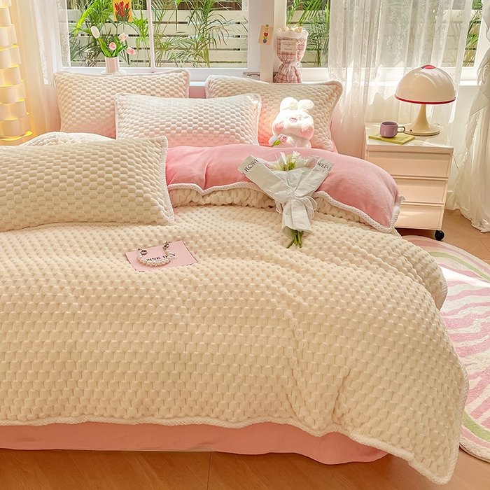 91家纺网 家纺一手货源 找家纺 梦之岛 2023包边AB面牛奶绒印染提花金龟绒加厚保暖四件套 金龟绒-奶昔白+浅粉