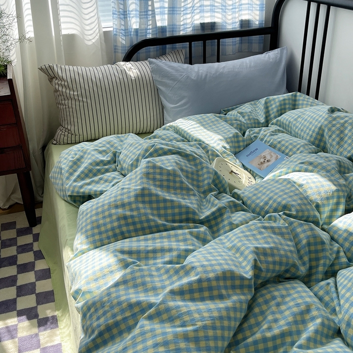 91家纺网 家纺一手货源 找家纺 六巷胡同 2023新款ins博主风洋气小格子篇四件套 芝士黄小格