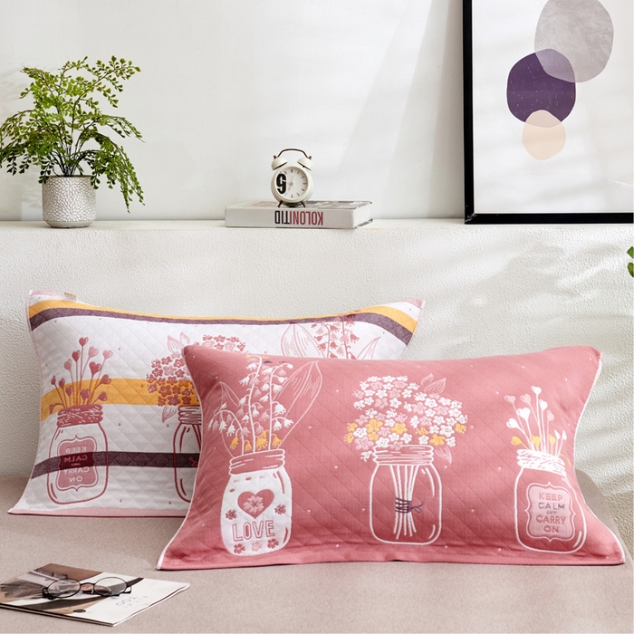 91家纺网 家纺一手货源 找家纺 朴尔 2023新款三层纱布定位枕巾 瓶中花-深粉