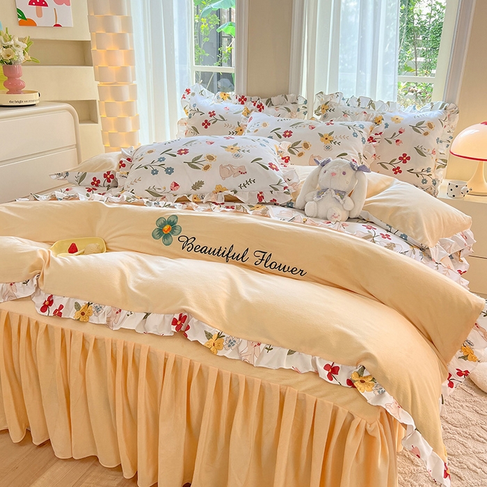 91家纺网 家纺一手货源 找家纺 绒兔兔 2023新款双层纱棉加牛奶绒四件套 绒-花漫庭