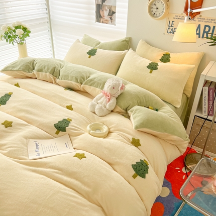 韩都 2023新款冬季加厚牛奶绒毛巾绣四件套 加厚牛奶绒-圣诞树绒