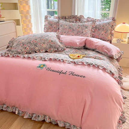绒兔兔 2023新款双层纱棉加牛奶绒四件套 绒-花满庭