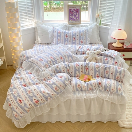 91家纺网 家纺一手货源 找家纺 （总）七七  2025新款13370印花全棉雪纺床裙款四件套