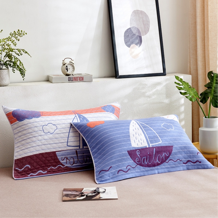 91家纺网 家纺一手货源 找家纺 朴尔 2023新款三层纱布定位枕巾 航行-兰