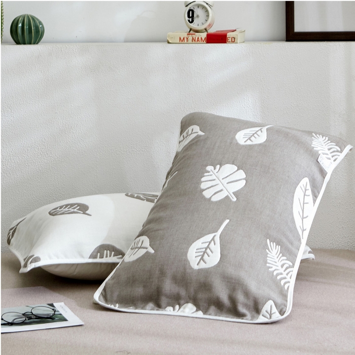 91家纺网 家纺一手货源 找家纺 朴尔 2023新款六层纱布全棉循环小花型枕巾 树叶灰