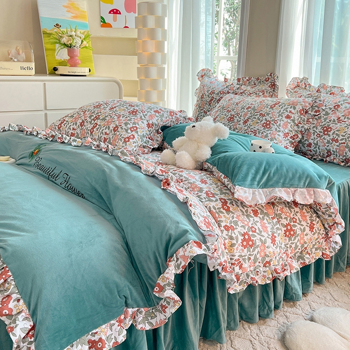 91家纺网 家纺一手货源 找家纺 绒兔兔 2023新款双层纱棉加牛奶绒四件套 绒-春日蜜糖