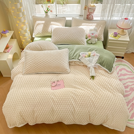 91家纺网 家纺一手货源 找家纺 梦之岛 2023包边AB面牛奶绒印染提花金龟绒加厚保暖四件套 金龟绒-奶昔白+绿