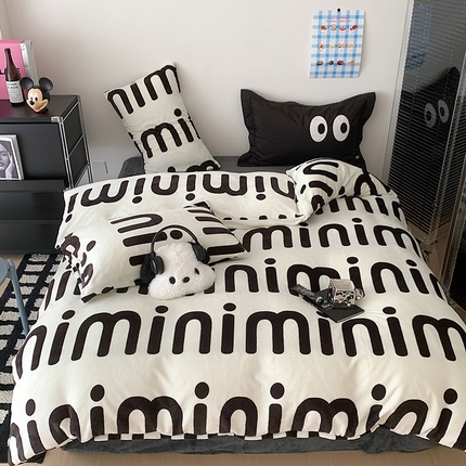 桃子家居 2023新款ins甜酷渐变字母y2k风高克重牛奶绒四件套 绒-mini黑