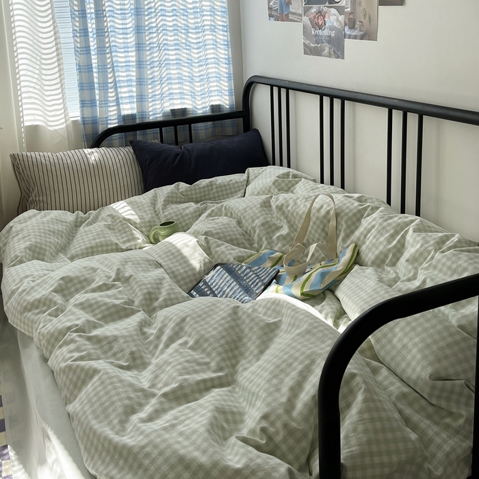 91家纺网 家纺一手货源 找家纺 六巷胡同 2023新款ins博主风洋气小格子篇四件套 薄荷绿小格