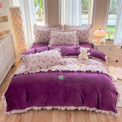 91家纺网 家纺一手货源 找家纺 绒兔兔 2023新款双层纱棉加牛奶绒四件套 绒-油画意境