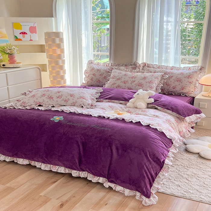 91家纺网 家纺一手货源 找家纺 绒兔兔 2023新款双层纱棉加牛奶绒四件套 绒-油画意境