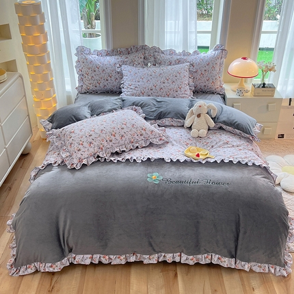 91家纺网 家纺一手货源 找家纺 绒兔兔 2023新款双层纱棉加牛奶绒四件套 绒-婉然