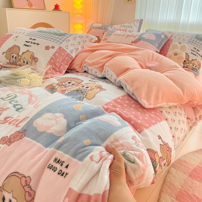 91家纺网 家纺一手货源 找家纺 呗旺鹿 2023新款加厚高克重印花牛奶绒四件套直播爆款 童话里