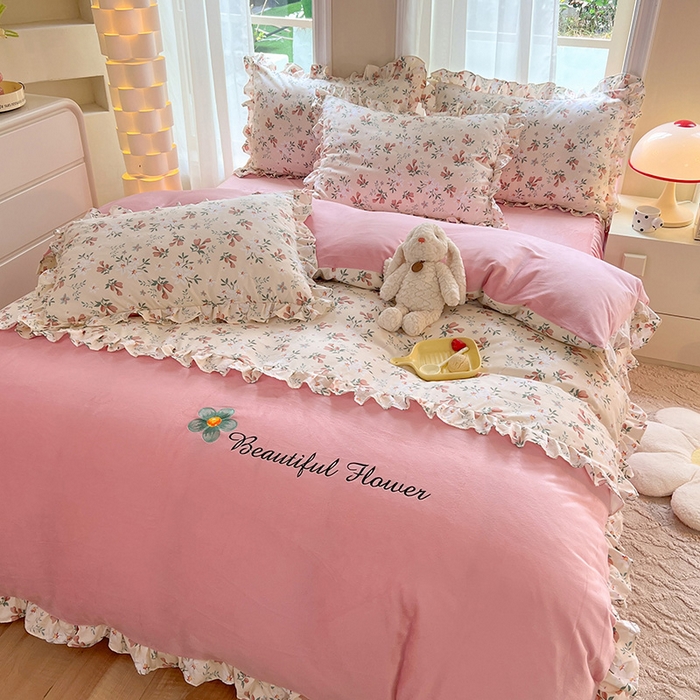 91家纺网 家纺一手货源 找家纺 绒兔兔 2023新款双层纱棉加牛奶绒四件套 绒-花蜜悠然