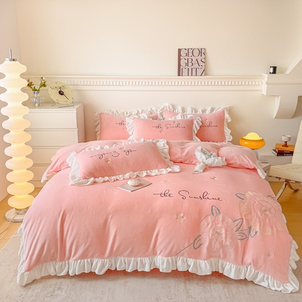凯美家居 2023新款牛奶绒刺绣四件套 浪漫花语 梦粉