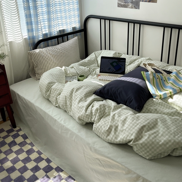 91家纺网 家纺一手货源 找家纺 六巷胡同 2023新款ins博主风洋气小格子篇四件套 薄荷绿小格