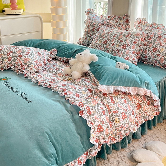 91家纺网 家纺一手货源 找家纺 绒兔兔 2023新款双层纱棉加牛奶绒四件套 绒-春日蜜糖