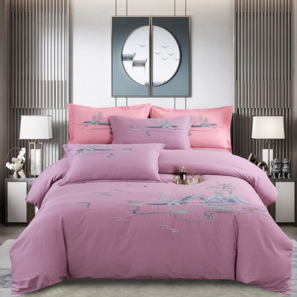 91家纺网 家纺一手货源 找家纺 浩情 2026新款高端加厚120S高端磨毛刺绣系列四件套 山水如画-魅惑紫