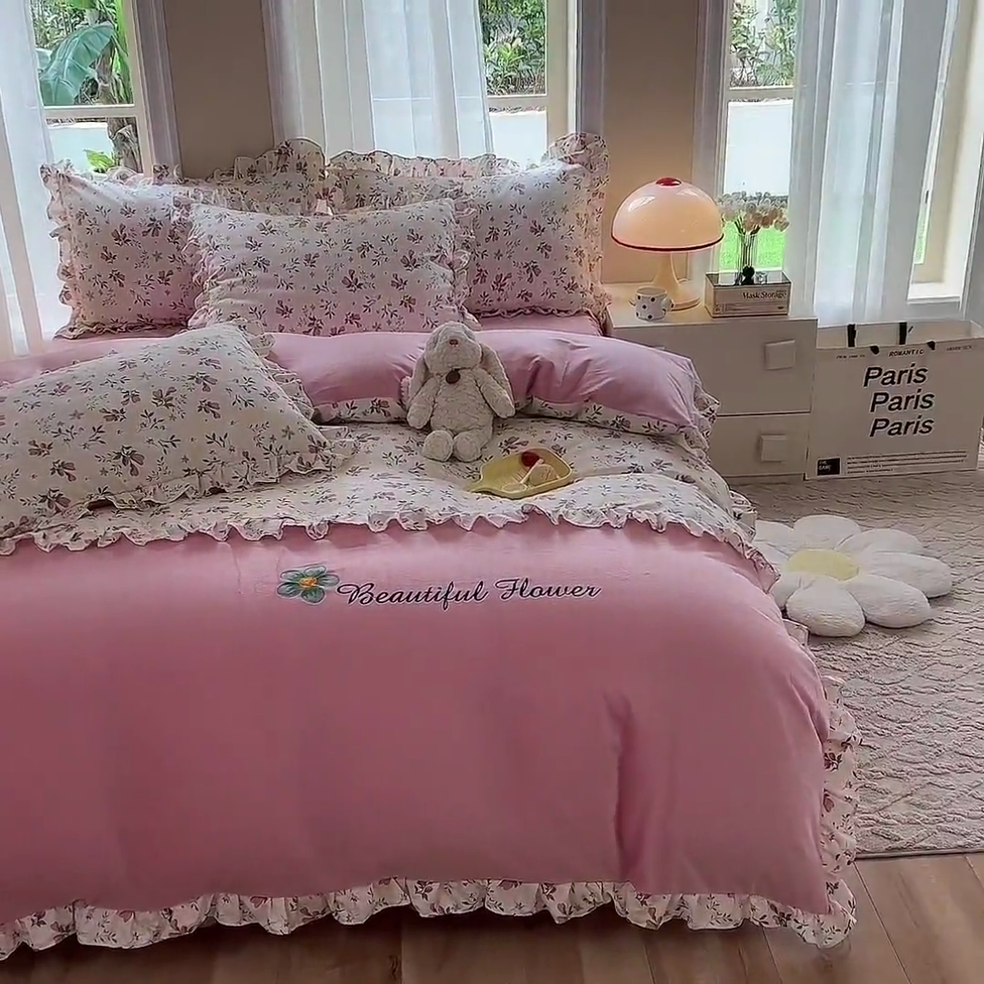 91家纺网 家纺一手货源 找家纺 绒兔兔 2023新款双层纱棉加牛奶绒四件套 绒-花蜜悠然