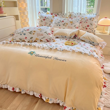 绒兔兔 2023新款双层纱棉加牛奶绒四件套 绒-花漫庭